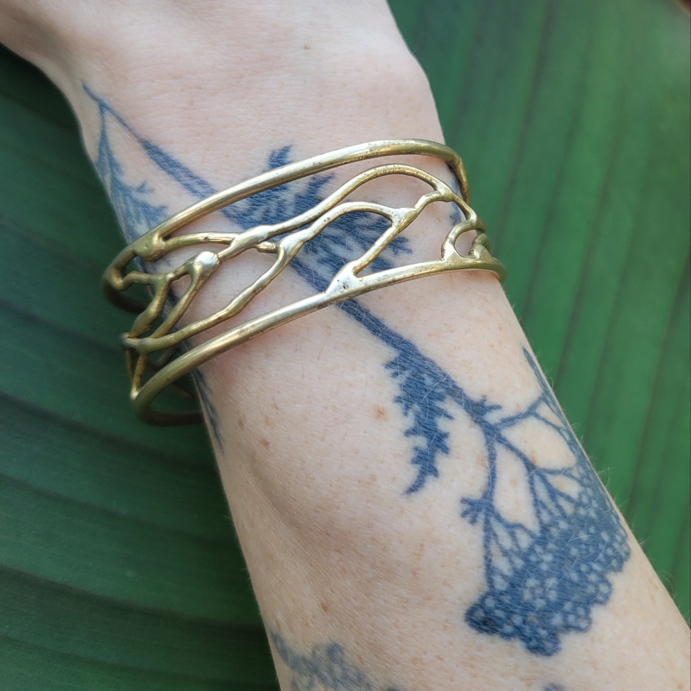 Vintage Brass Filagree Branch Leaf Woven Cuff Bracelet